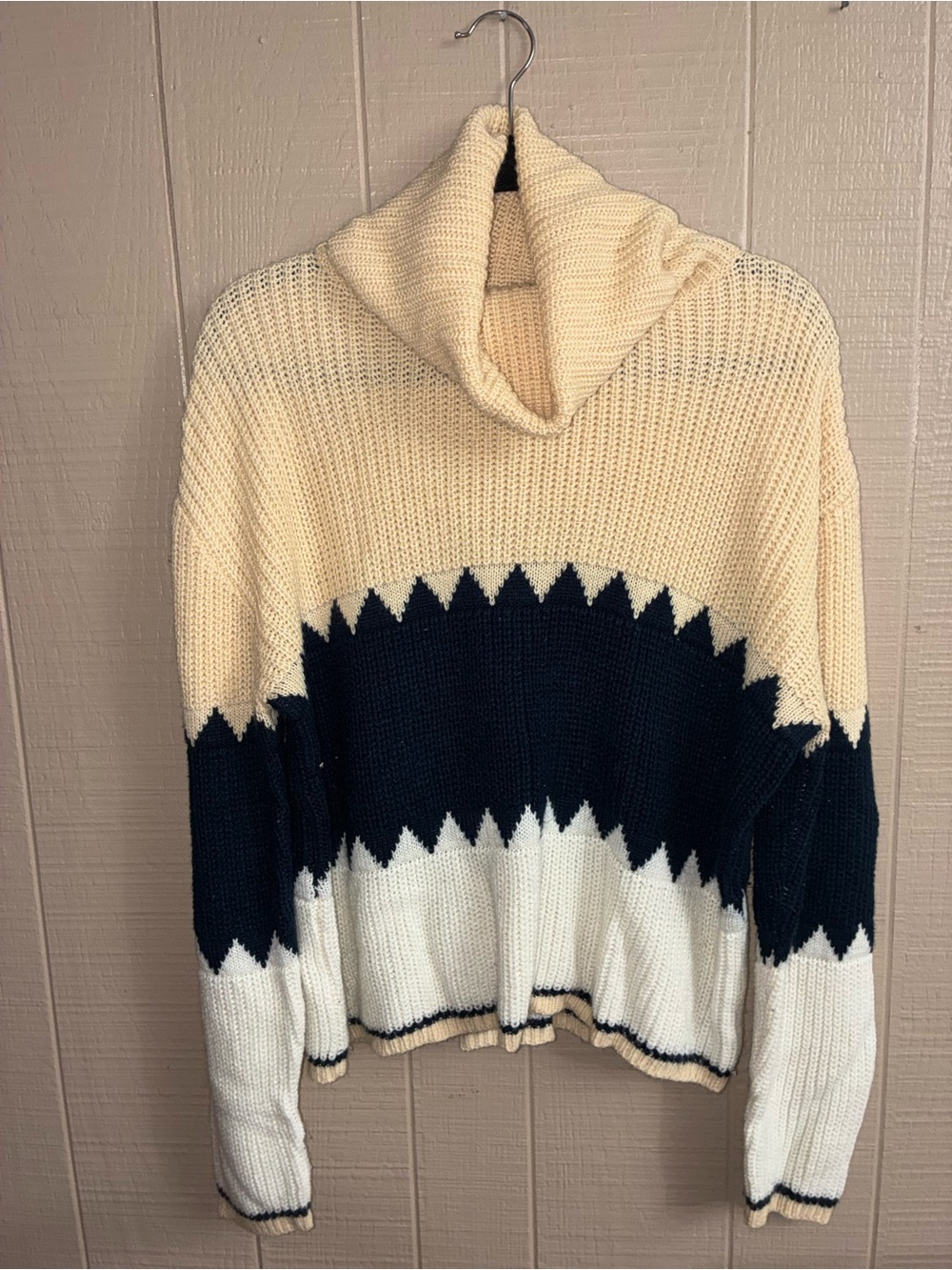 Pink Lily Cream & Navy Colorblock Cowl Neck Sweater